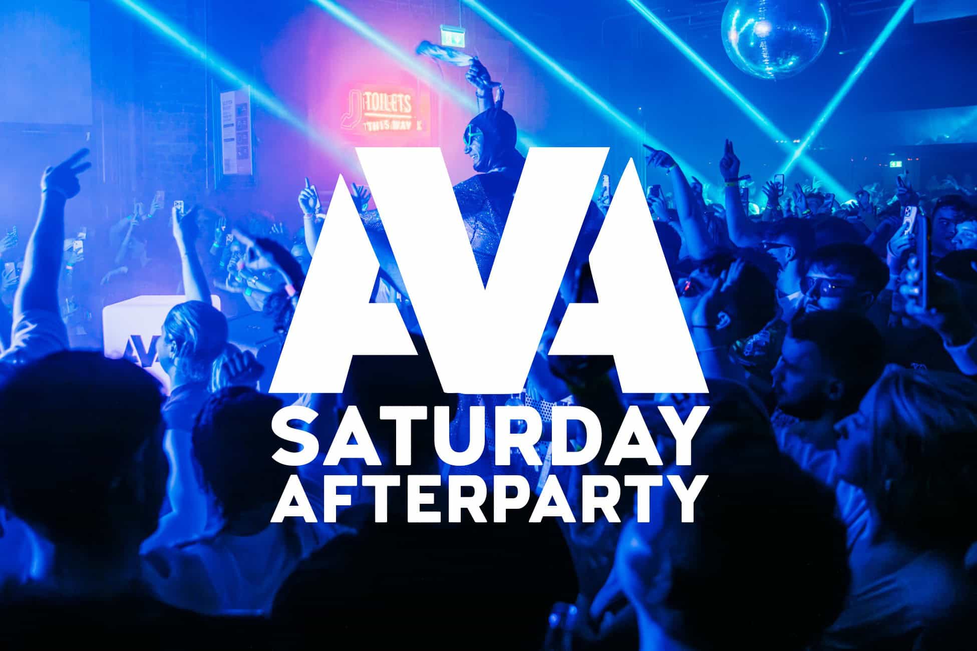 Vibrant nightclub scene at Lavery's with energetic crowd dancing and DJ performance under colourful laser lighting for Saturday afterparty.