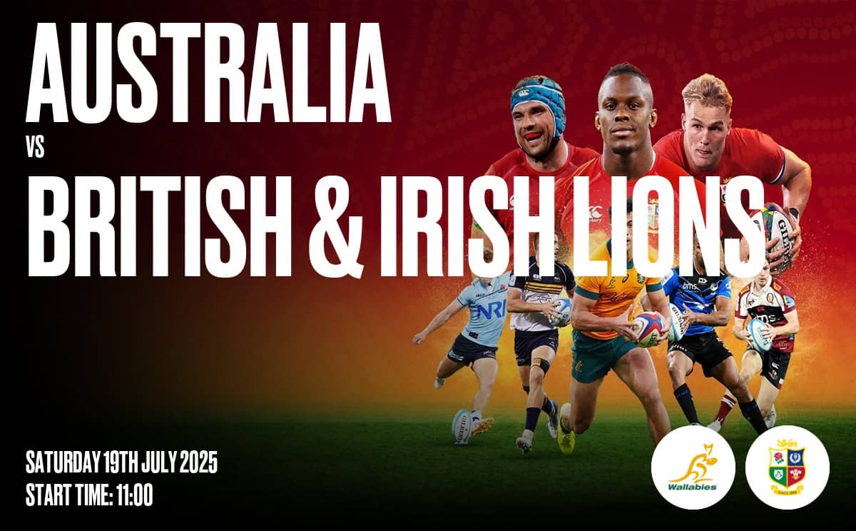 Animated rugby players representing Australia, Britain, and Ireland in a match promotional poster.
