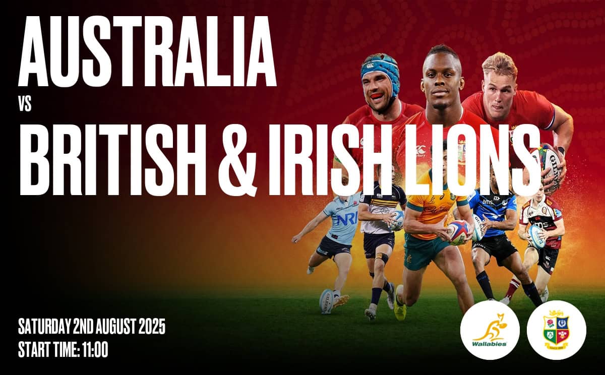 Australia vs British & Irish Lions rugby match promotional poster with players in action, event details, and team logos.