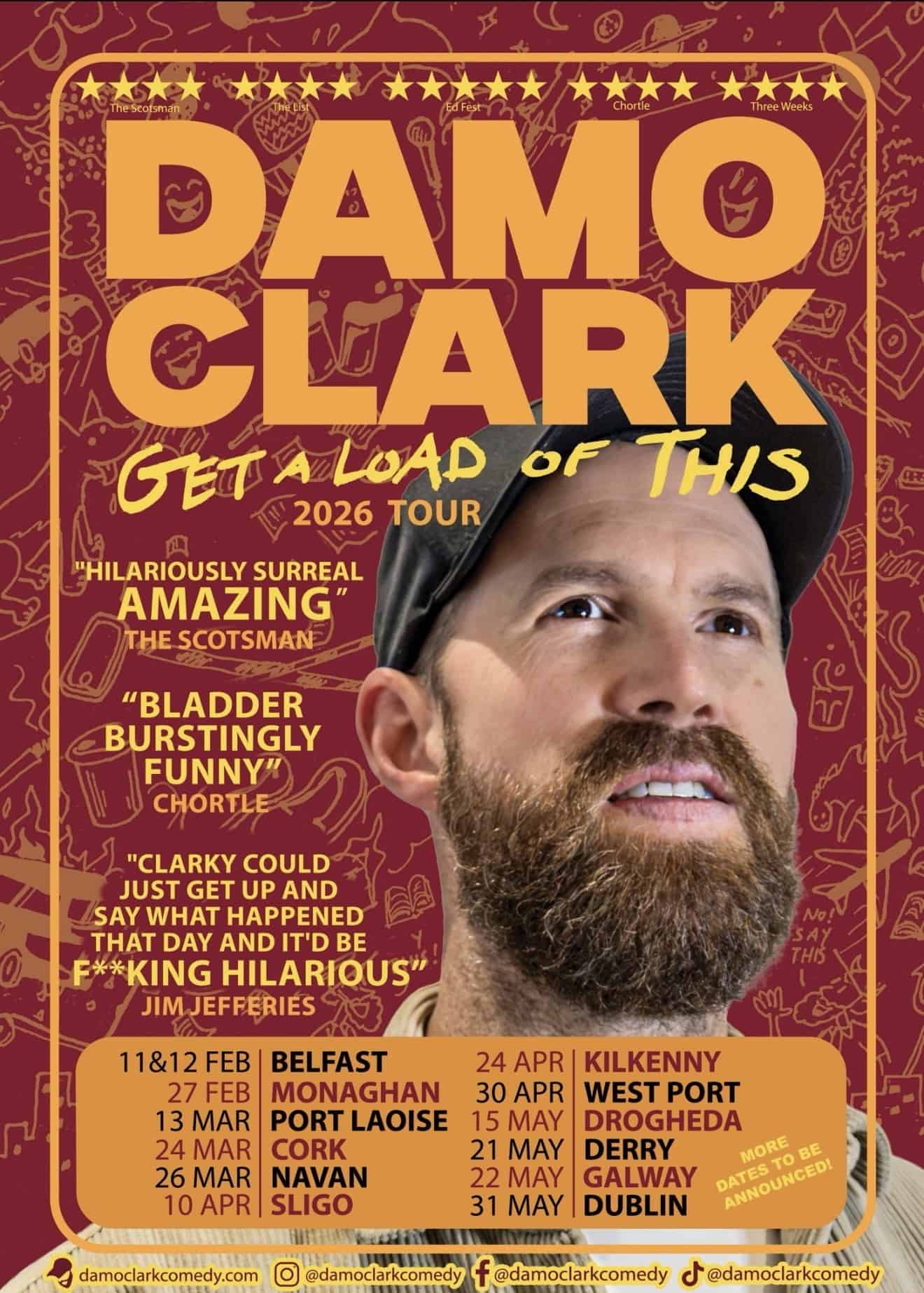 Comedy tour poster featuring Damo Clark with a beard and cap, promoting his 2026 stand-up comedy tour across Ireland with dates in Belfast, Monaghan, Cork, Derry, Dublin, and more.