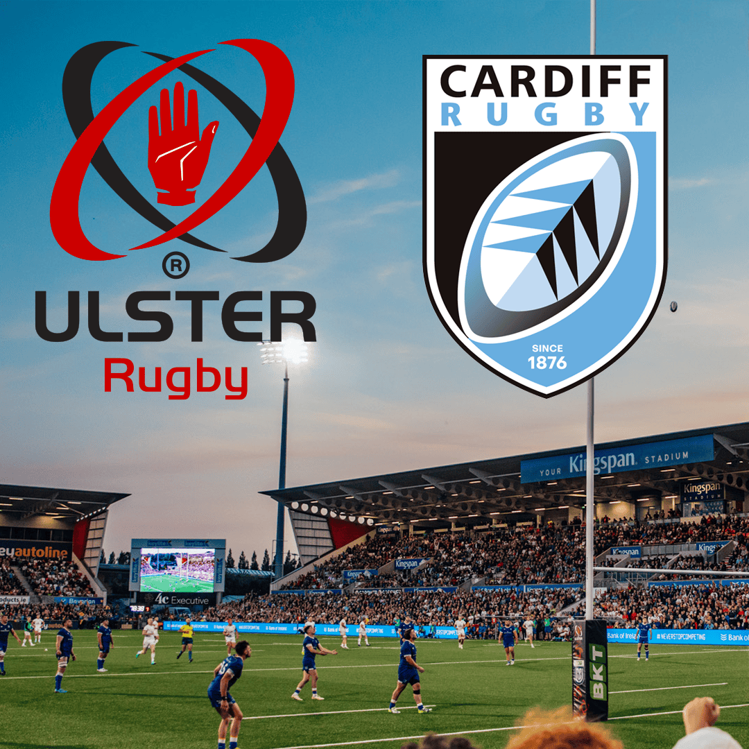 Ulster Rugby and Cardiff Rugby logos displayed at Kingspan Stadium during a match, highlighting passionate rugby action with team branding and stadium atmosphere for sports and rugby fans.