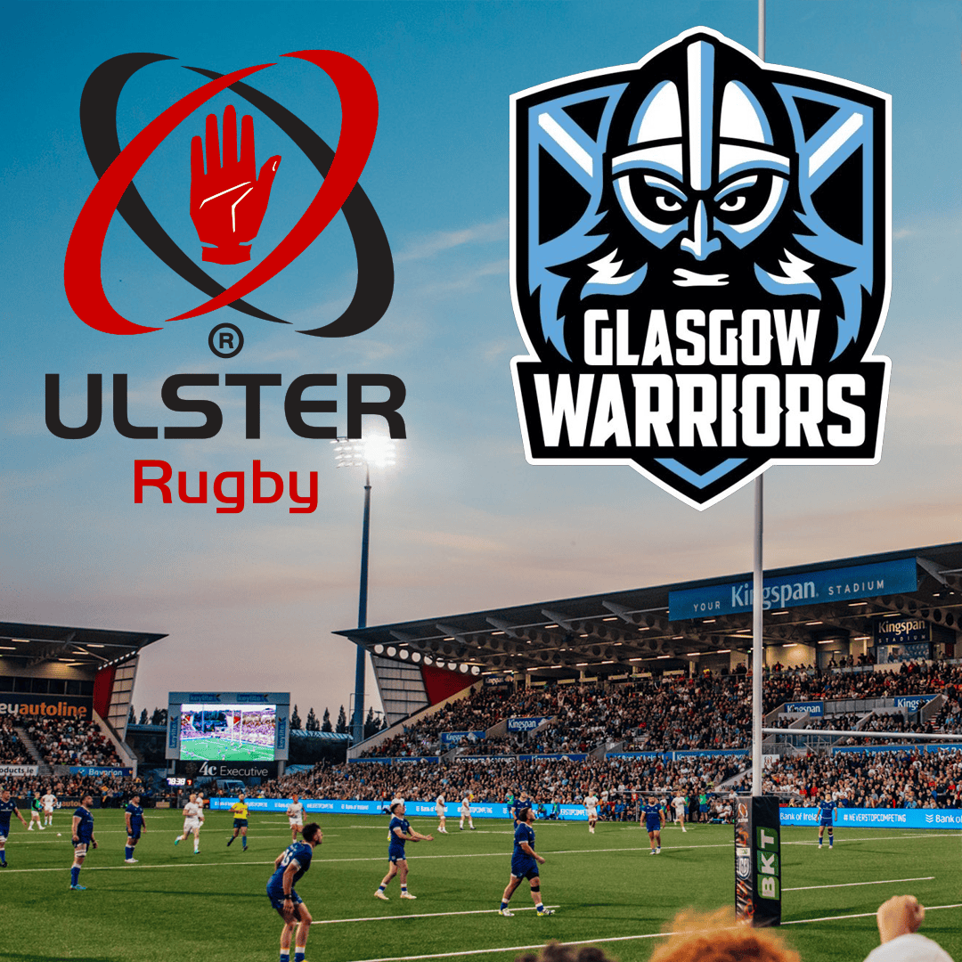 Ulster Rugby and Glasgow Warriors logos over a live rugby match at Kingspan Stadium, Belfast, showcasing professional rugby teams competing in an exciting stadium environment.