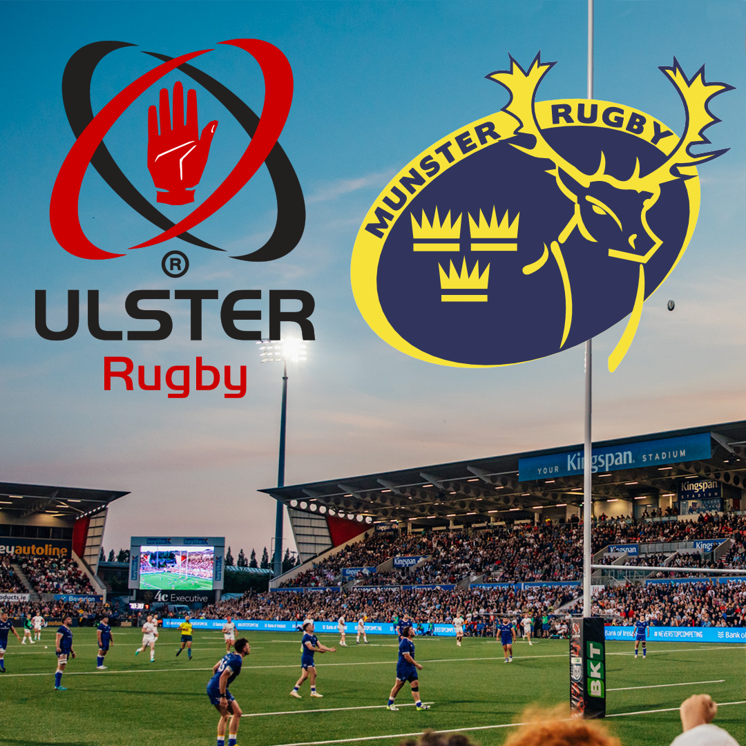 Ulster Rugby vs Munster Rugby match at Kingspan Stadium with team logos displayed, spectators in the stands, and players on the field during dusk; a vibrant scene of Irish rugby rivalry.