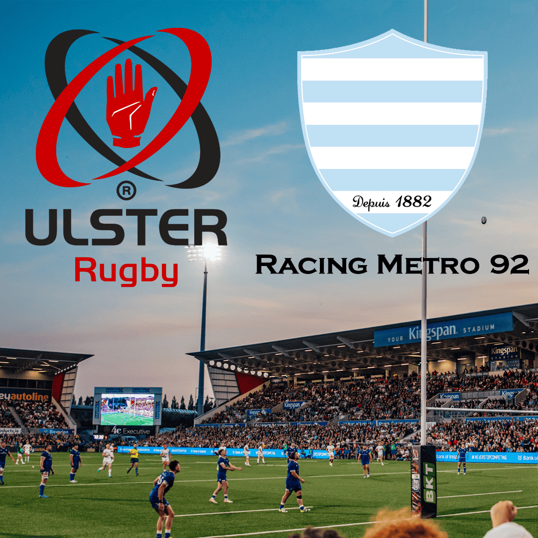 Ulster Rugby logo and Kingspan Stadium football match, showcasing Ulster Rugby's home ground at Kingspan Stadium, established in 1882, with fans and players during a match.