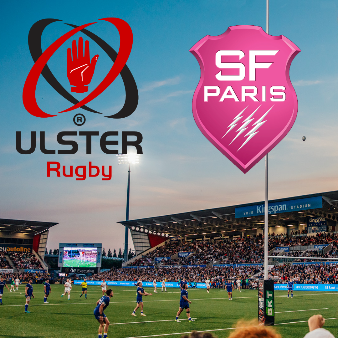 Ulster Rugby and SF Paris logos displayed at Kingspan Stadium during a match, highlighting the connection between rugby teams, stadium venue, and event branding for SEO relevance.