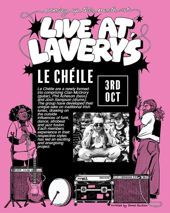Lavery's live music event poster featuring The Chéile band, showcasing Irish fusion, folk, jazz, and Afrobeat influences, happening on October 3rd.