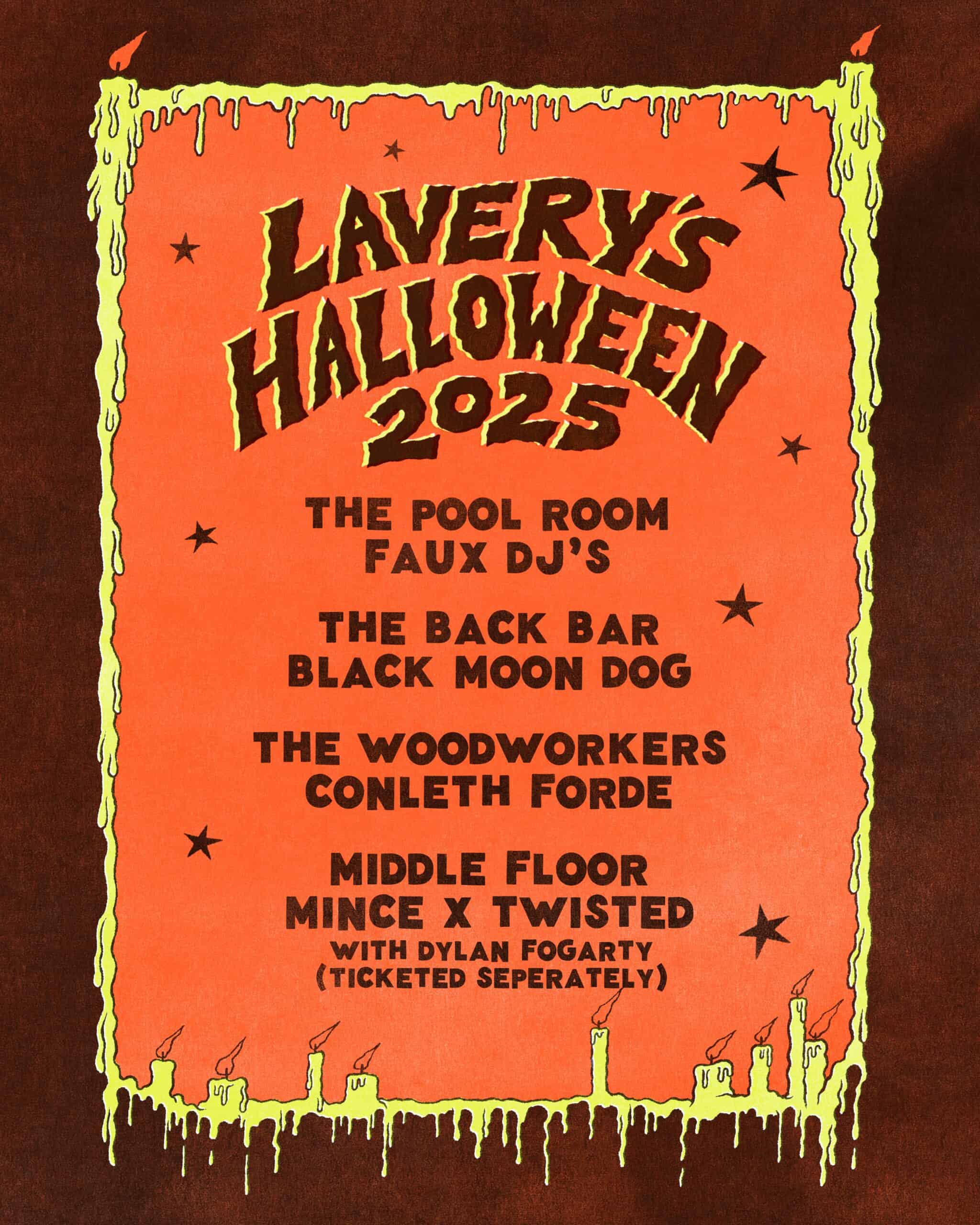 Vintage Halloween event poster for Lavery's 2025 celebration with bands and DJs at the pool room and back bar, featuring spooky candle and star graphics.
