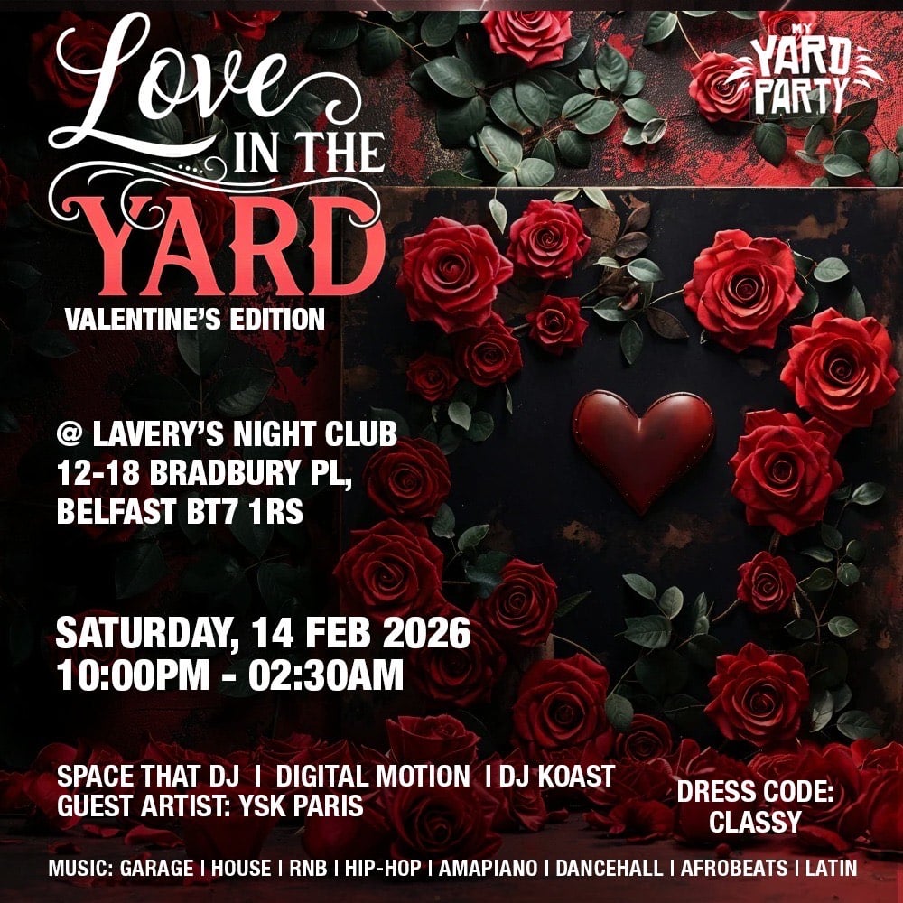 Romantic Valentine's event poster featuring red roses, a heart, and event details for a night of music and dance at Lavery's Belfast.