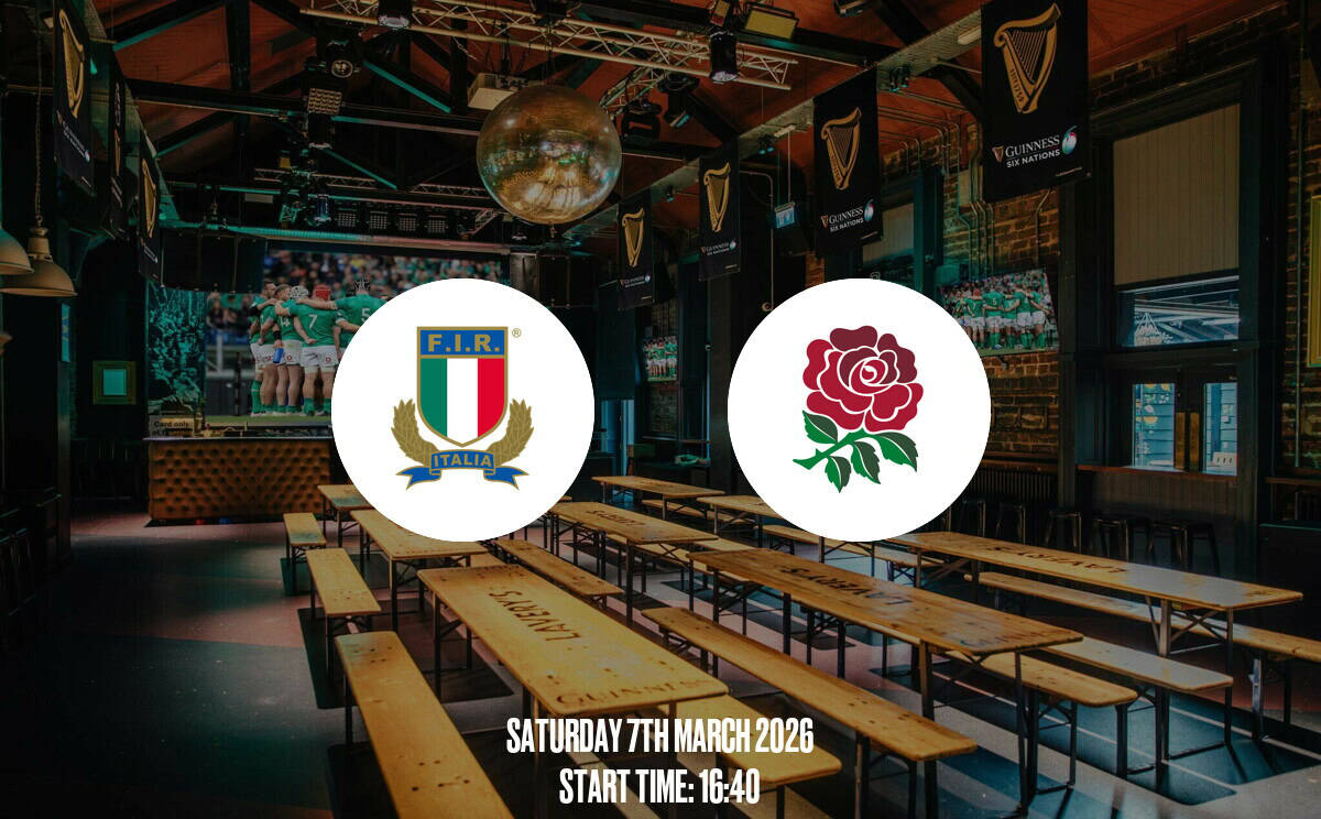 Bright pub with rugby and Guinness branding, modern decor, wooden benches, and large screens for live sports viewing.