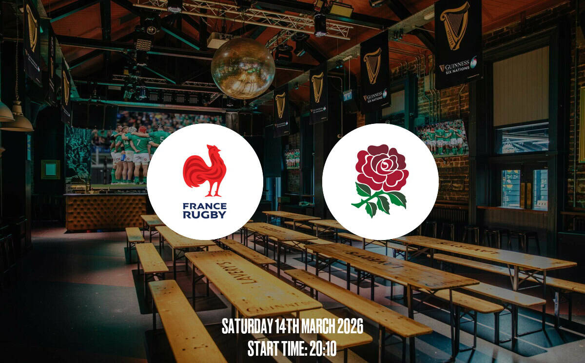 A lively rugby viewing event at Lavery's pub with France Rugby vs. England, showcasing a vibrant sports bar atmosphere, big screens, and enthusiastic fans. Perfect spot for rugby fans.