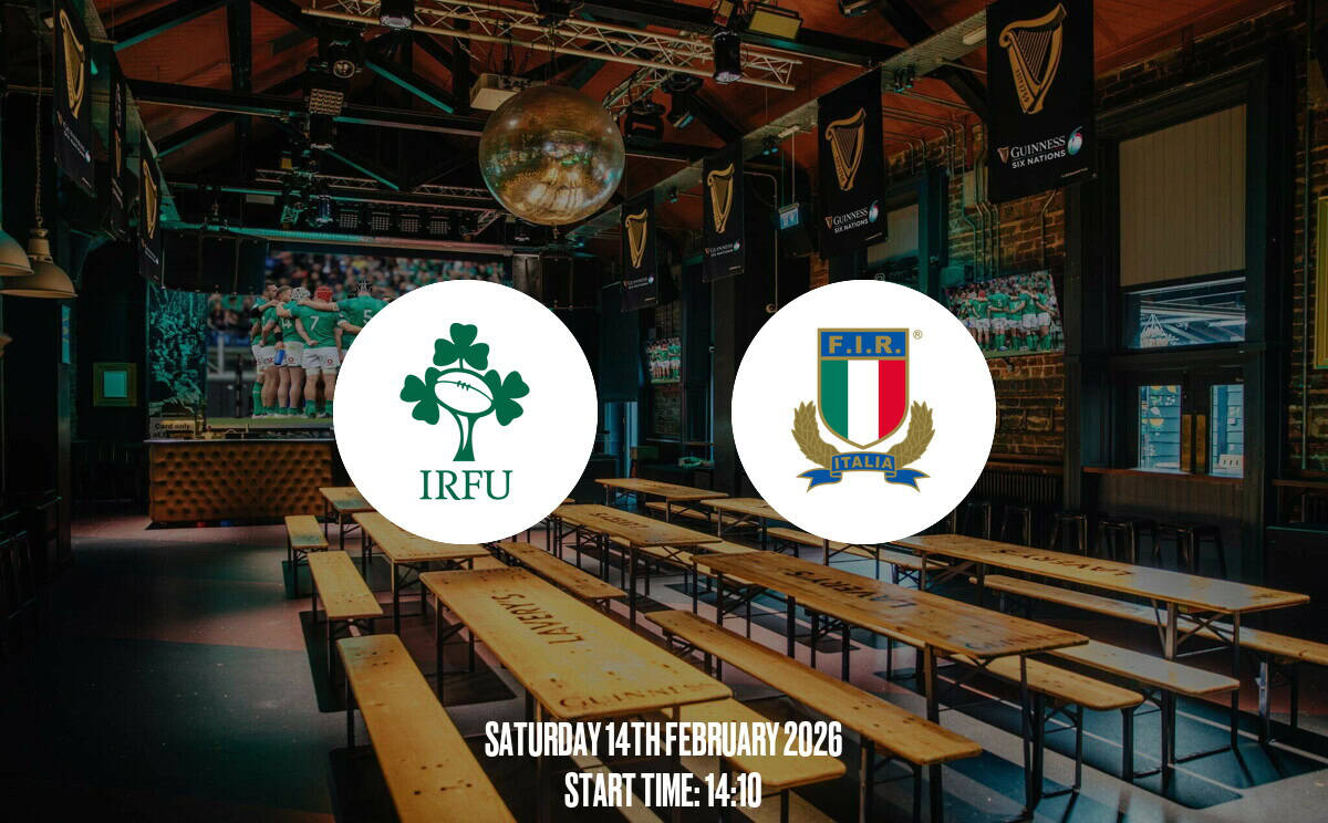 Brightly lit pub with wooden benches, large screens showing rugby, and rugby team logos of Ireland and Italy for live match on Saturday 14th February 2026 at 14:10.