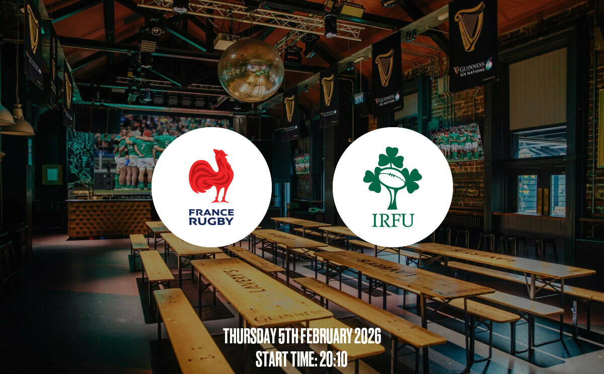 A lively sports bar interior with rugby-themed decorations, TV screens showing rugby games, and wooden benches, perfect for enjoying rugby matches and sharing a spirited atmosphere.