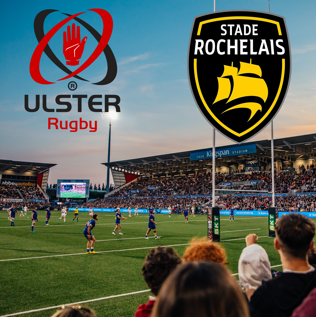 Ulster Rugby players in action at Stade Rochelais during a match on 10 April 2026, with fans watching at the stadium.