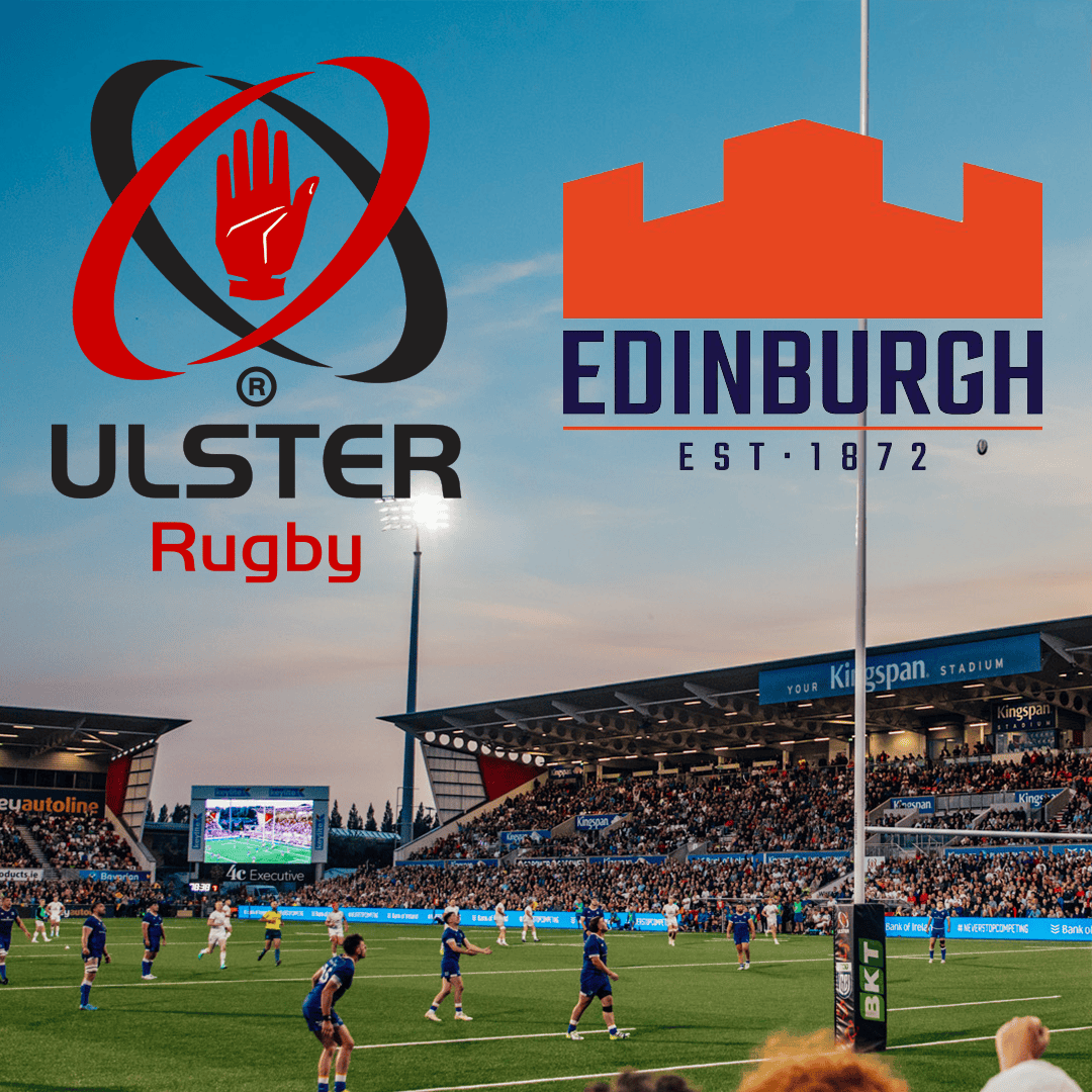 Ulster Rugby and Edinburgh rugby teams compete at Kingspan Stadium during a match, with logos of both teams visible in the sky above the field.